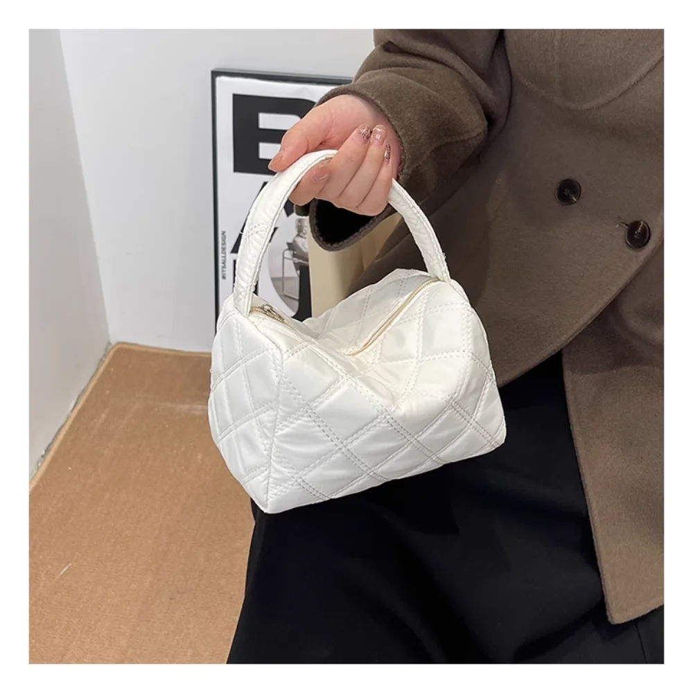 Rhombic Embroidery Mini Handbag Women Wristbag Fashion Solid Color Nylon Thread Quilted Padded Small Handle Bag Hobo Pouch