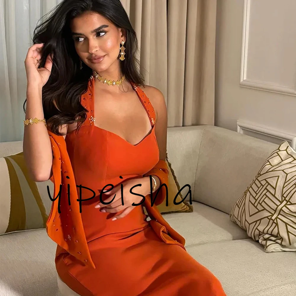 Personalizado elegante de alta calidad naranja Halter vestido de fiesta Correa rebordear fiesta vestidos de noche hasta el suelo vestidos para ocasiones formales