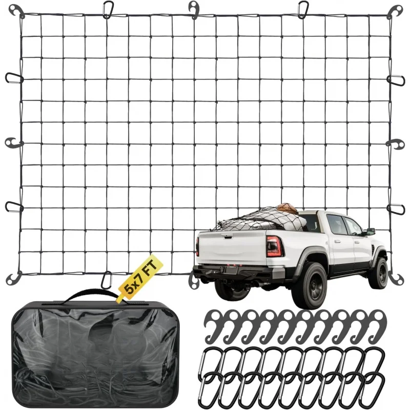 

Грузовая сетка от 5x7 футов, растягивается до 13x18 футов с 28 крючками, банджи-сетка, 4,9x4,9 дюйма для пикапа, кровати, внедорожника, багажника на крышу
