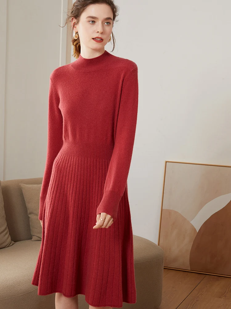 Nowe damskie sukienki ze 100% kaszmiru, sukienki z golfem, podkreślające talię, jesienno-zimowe, eleganckie, luksusowe, miękkie dzianiny kaszmirowe dla kobiet pracujących w biurze.