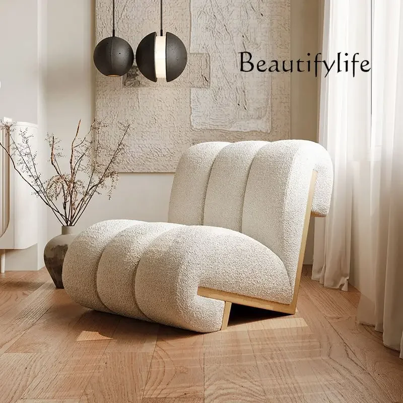 Single sofa chair casual wabi wind lazy designer solid wood lamb wool light luxury high-end living room