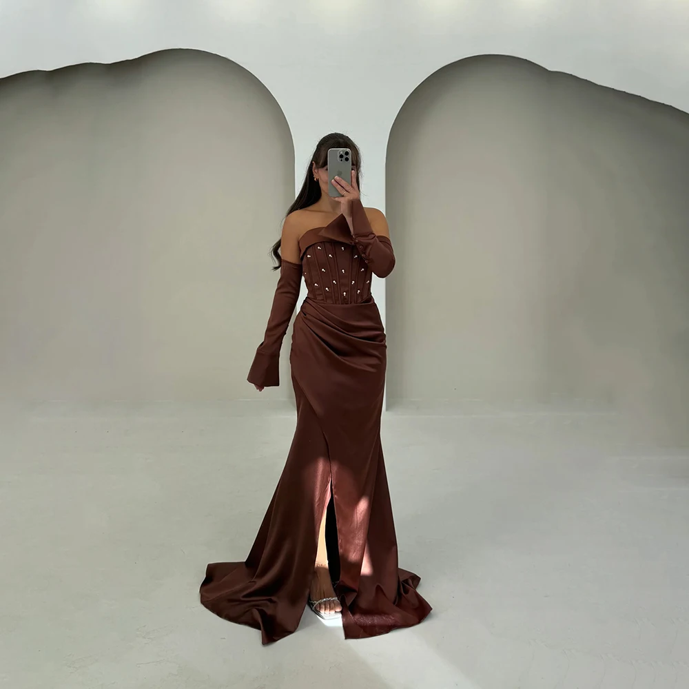 

Evening Dresses Mermaid Dress Strapless Long Sleeve Appliqued Ruffled High Split Prom Dresses Formal Cocktail Party Gowns