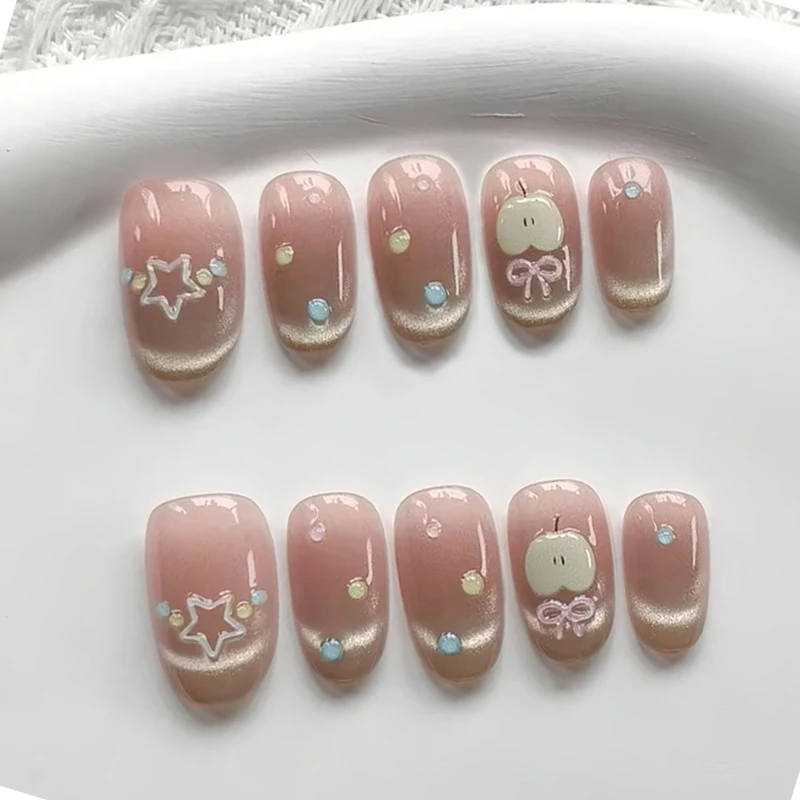 10Pcs Apple Stars New Style of Energetic Girl with Cat-eye Wearable Nails French Almond Nails Temperament Girl Heart False Nails