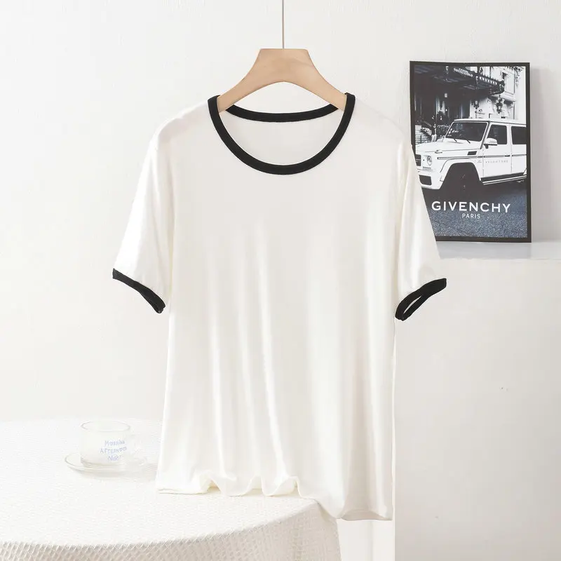 XL a 8XL Modal O-pescoço Camiseta de manga curta com acabamento branco Camisetas soltas com bloqueio de cor Camisetas leves e versáteis