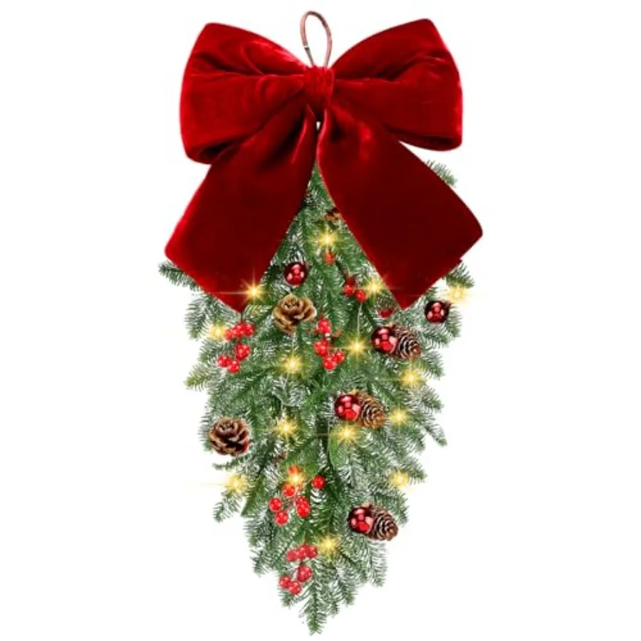

24-дюймовая предварительно украшенная гирлянда-капля для Рождества на батарейках с подсветкой, с шишками и сосновыми ветками, рождественский венок-гирлянда