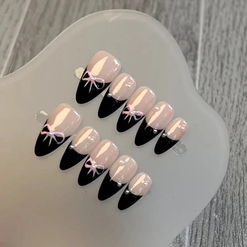 10 Stuks Lange Druk Op Acryl Nep Nagels Met Strik Op Ontwerp Volledige Cover Nep Nagel Decoraties Nagel Tips Handgemaakte Franse Nagels