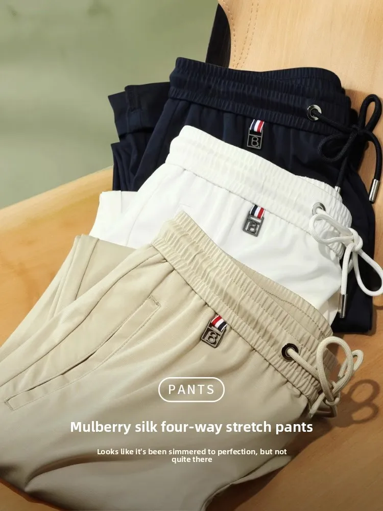 

Мужские повседневные брюки из шелка Ele, летние, новые, прямые, эластичные, с защитой от сминания, на резинке, длинные, модные, городские, стильные