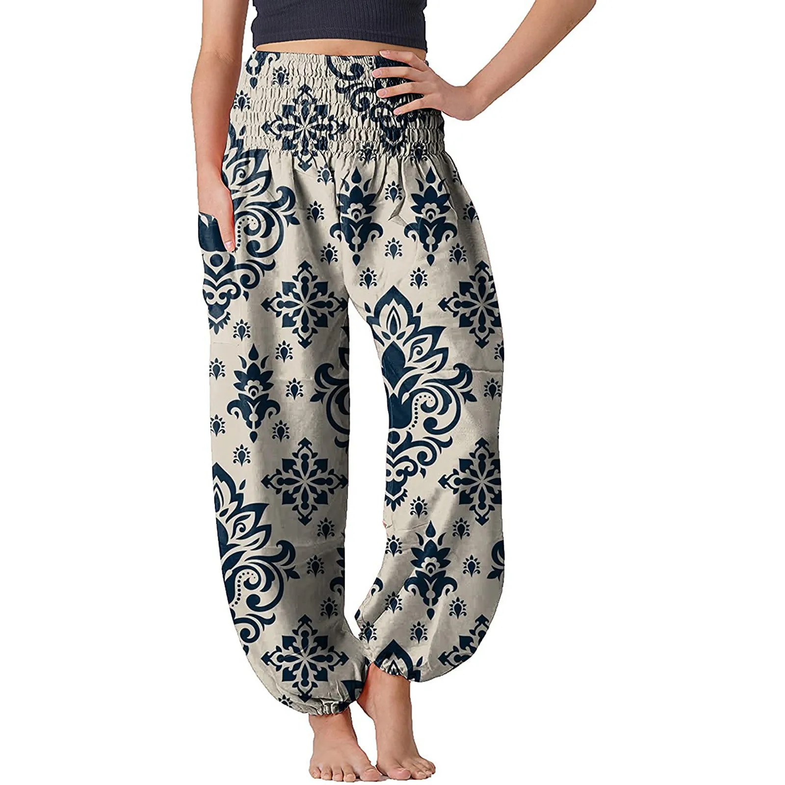 Ladies Harem Pants Boho Vintage Print Loose Fitness Pants Hippie Boho Belly Dance Pants Trousers Baggy Pants Leggings Sportswear