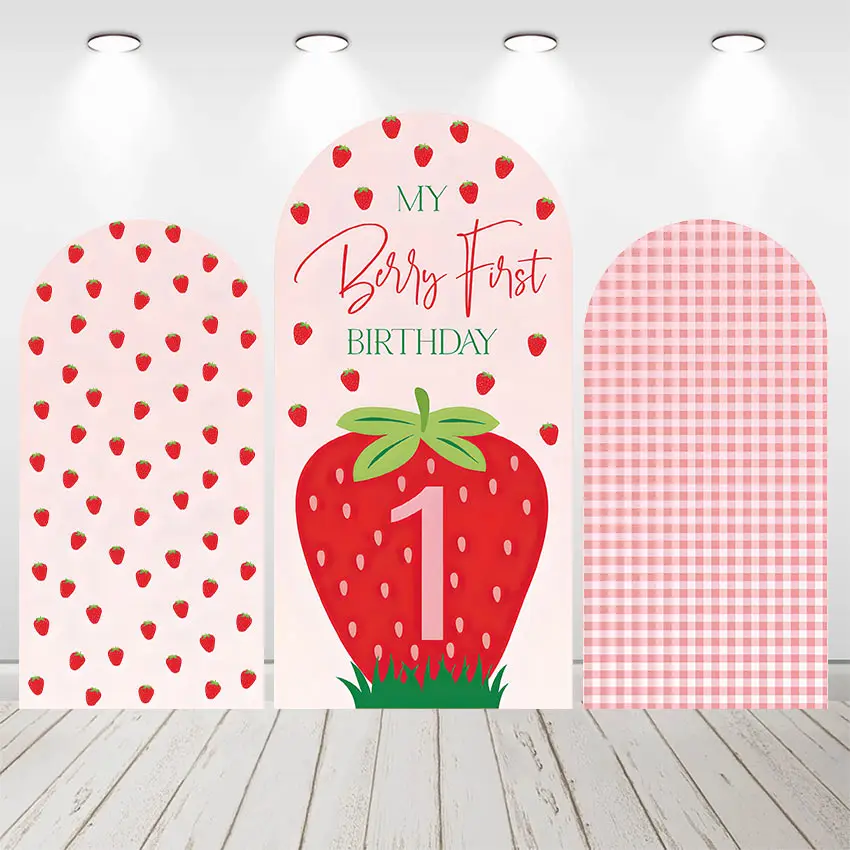 Mehofond Custom 2-Sided Stripe Strawberry My Berry First Birthday Party Baby Shower Cover Chiara Arch Background Decor Backdrop
