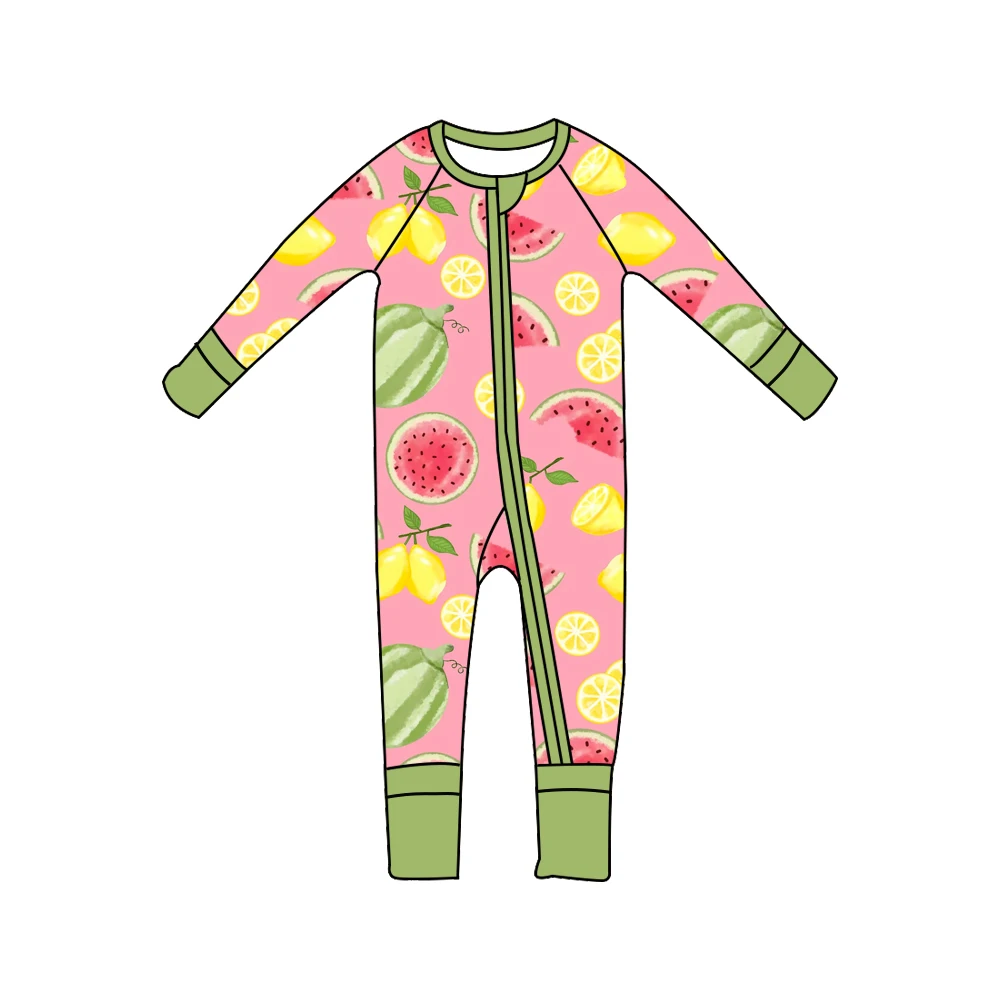 Pijama Enterizo de Manga Larga sin Pies para Bebé con Cremallera, Estampado de Sandía, Limón, Sushi o Temática de Chicle