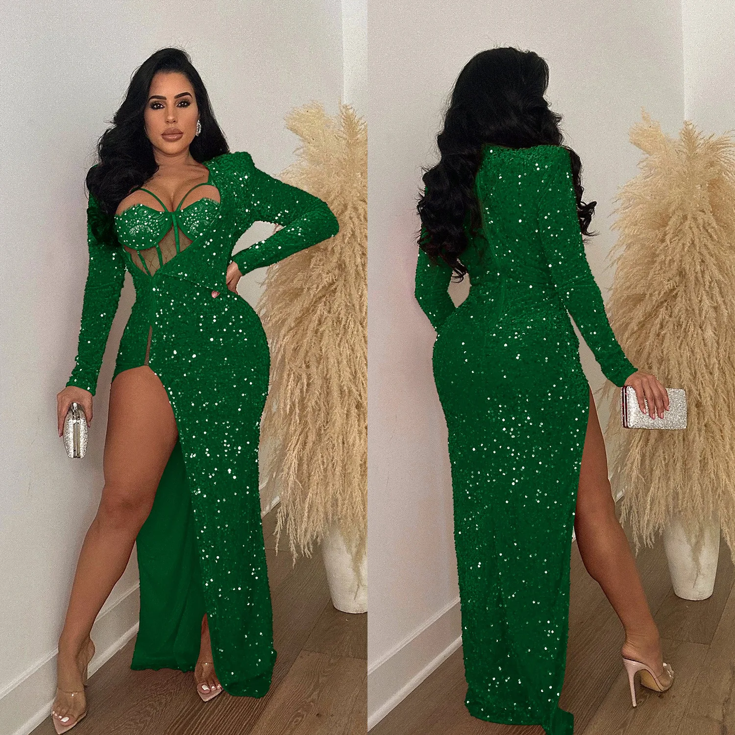 

Sexy Party Nightclub Club Banquet Solid Color Sequins Split Long Dresses