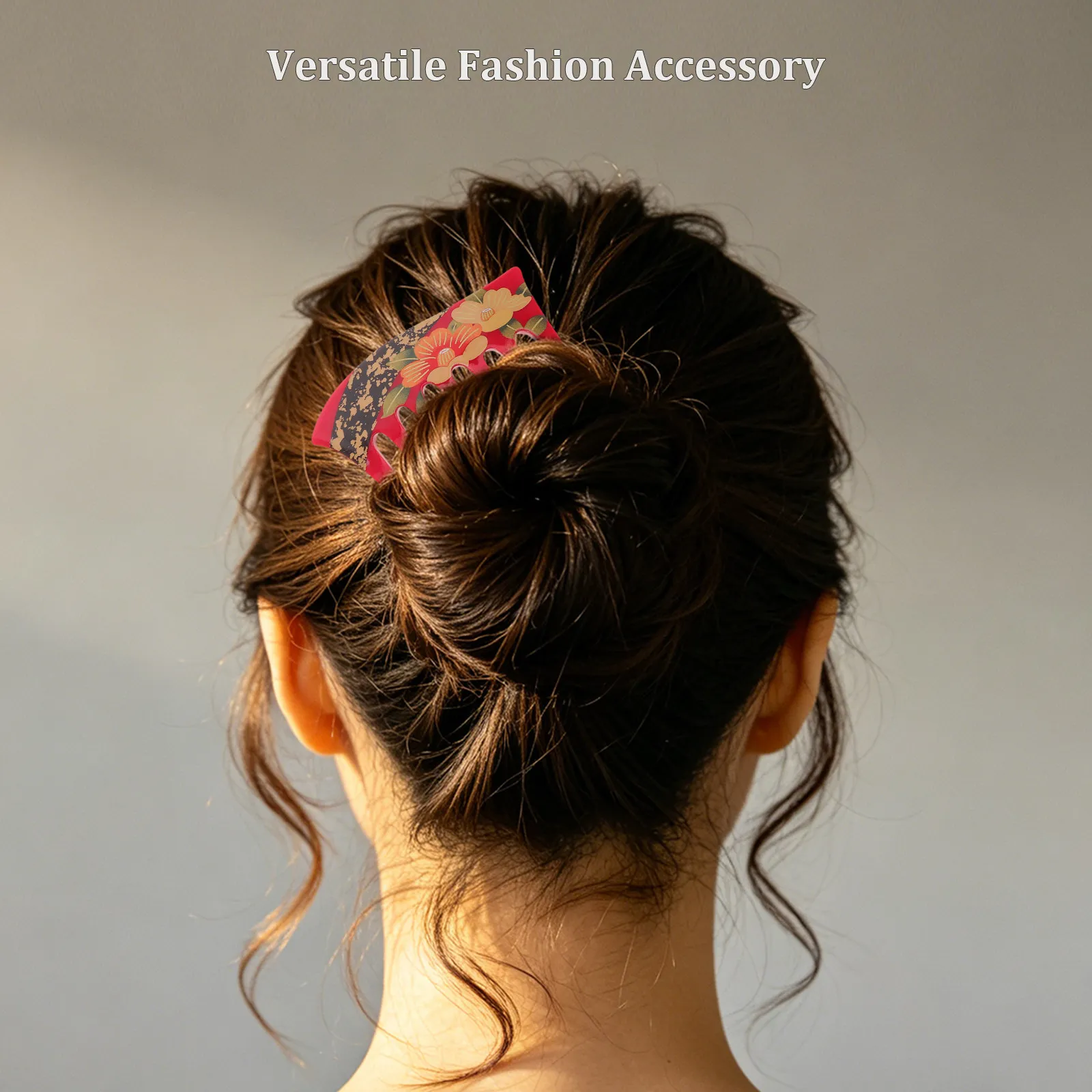 Red French Hair Side Comb U Shaped Retro Floral Printed Acrylic Hairpin 7 Tooth Hair Fork Twist Comb Wedding Birthday Updo