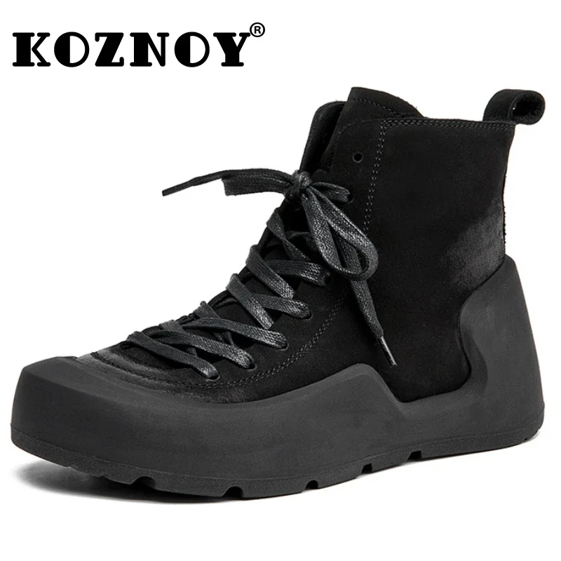 Koznoy 2cm Cow Suede Genuine Leather Spring Boots Moccasins Chimney Fashion Women Ankle Booties Autumn Ladies Motorcycle Shoes