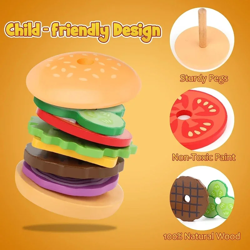 Wooden Hamburger Stacking Toy Montessori Kid Preschool Educational-Toy Color Shape Cognition Matching Kitchen Toys For Children