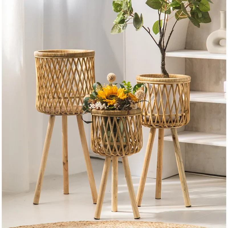 Support de fleurs en rotin pour salon, étagère de rangement multifonctionnelle, pied haut T1 pour plantes, jardinage d'intérieur pratique