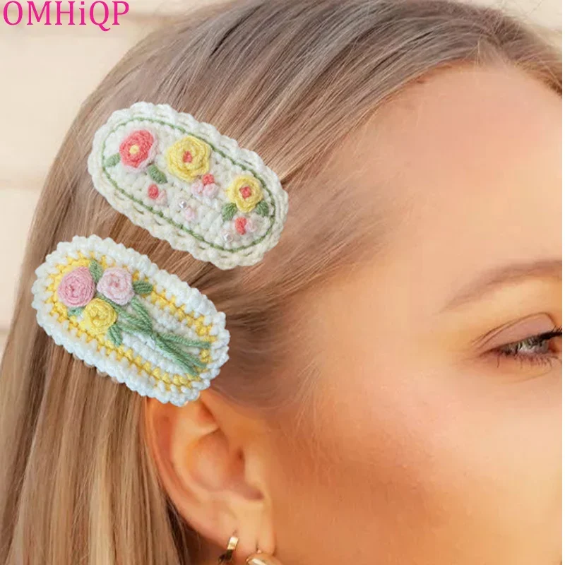 1 Pcs  Handmade Cute Children\'s Wool Knitted Flower Hairpin Sets For Girl Fashion Bohemian Floral Hair Clip Accessories Gift