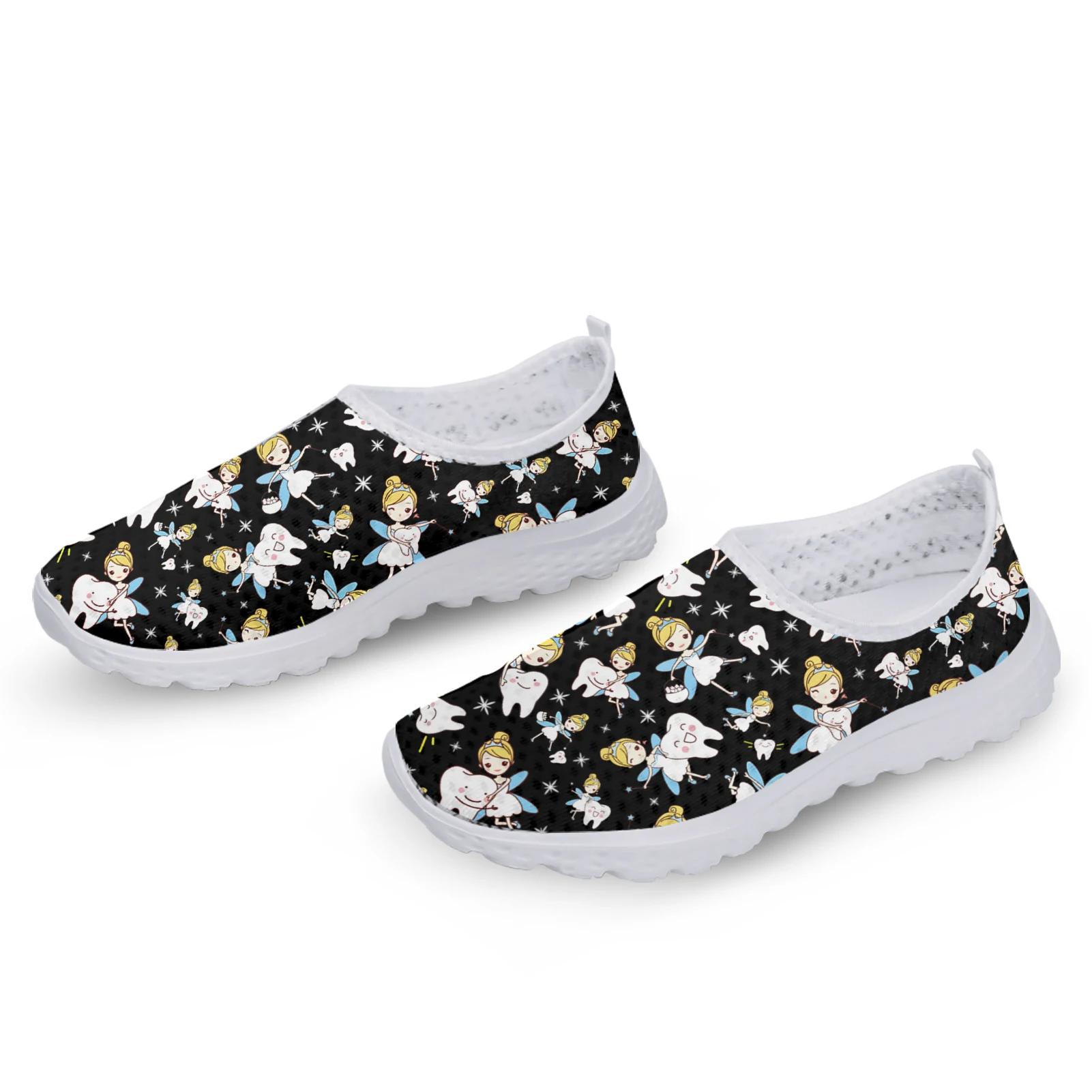 INSTANTARTS Cute Cartoon Nurse Elf/Teeth Print Casual Breathable Summer Shoes Black Mesh Shoes Casual Zapatos Planos De Mujer