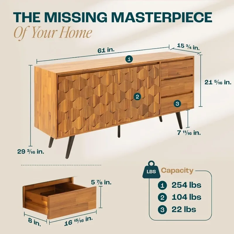 Christmas.Sideboard Georgina Solid Wood 2 Doors & 3 Drawers, 61'' Mid Century Modern Cabinet with Geometric Pattern for Kitchen,
