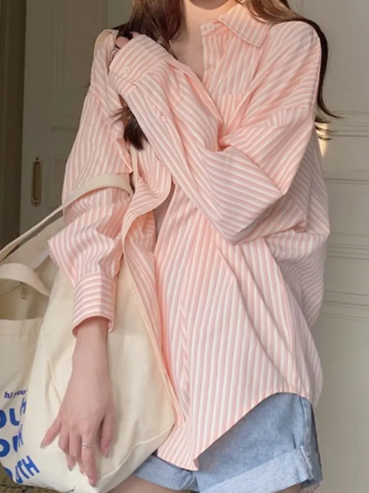 

Pink Striped Shirt Cardigan Long Sleeve Women's Outerwear Spring New Design Sunscreen Top Korean Style Loose Fit Collar