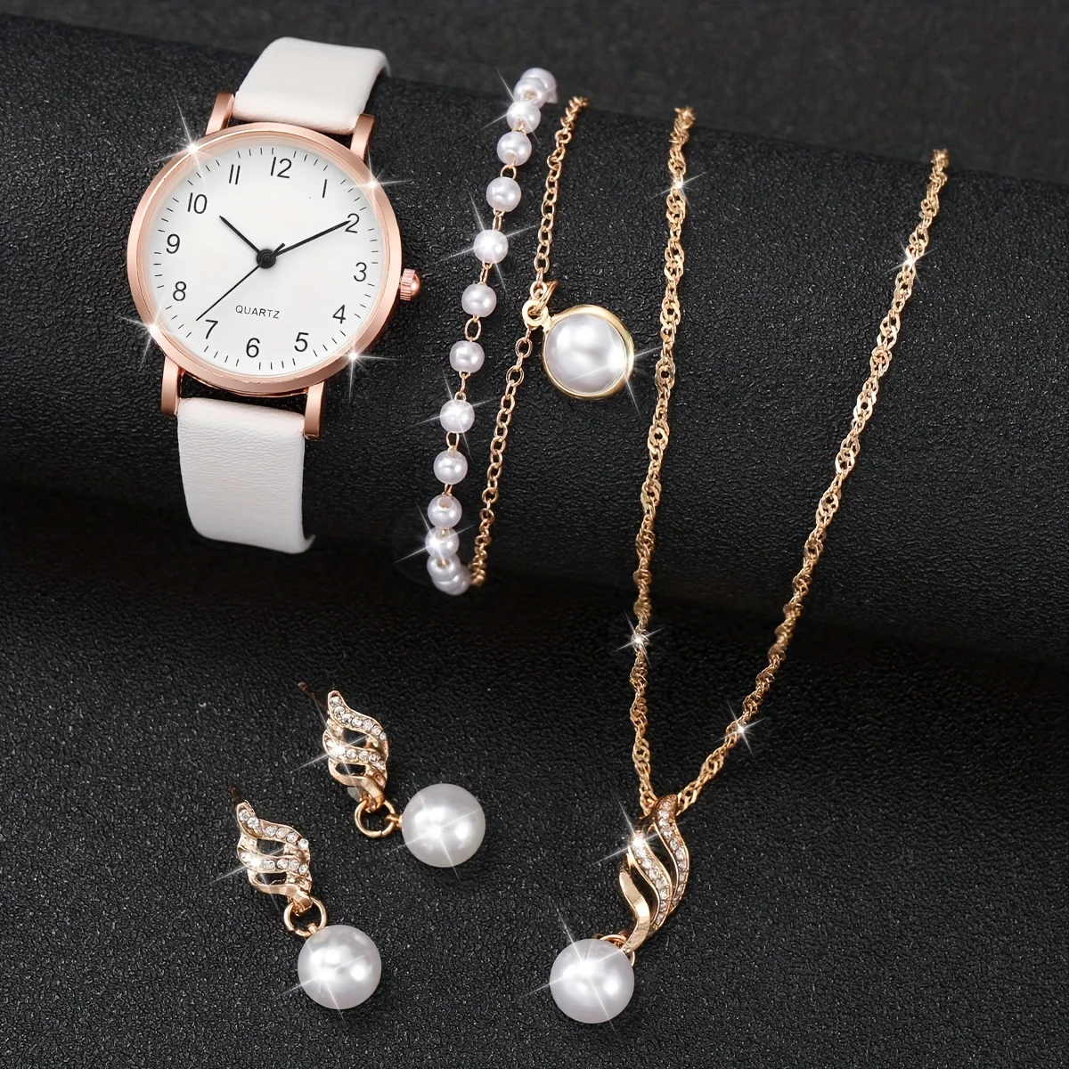 5 unids/set reloj de mujer reloj de cuarzo de moda informal reloj de pulsera analógico de cuero PU y conjunto de joyería de perlas de imitación, regalo para mamá y ella