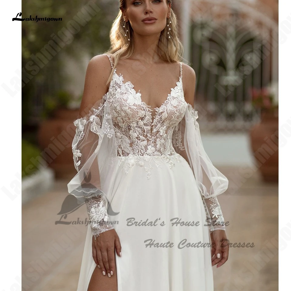 Lakshmigown-vestidos de novia bohemios de manga larga para mujer, ropa de boda Sexy de gasa, línea A, para la playa, 2023