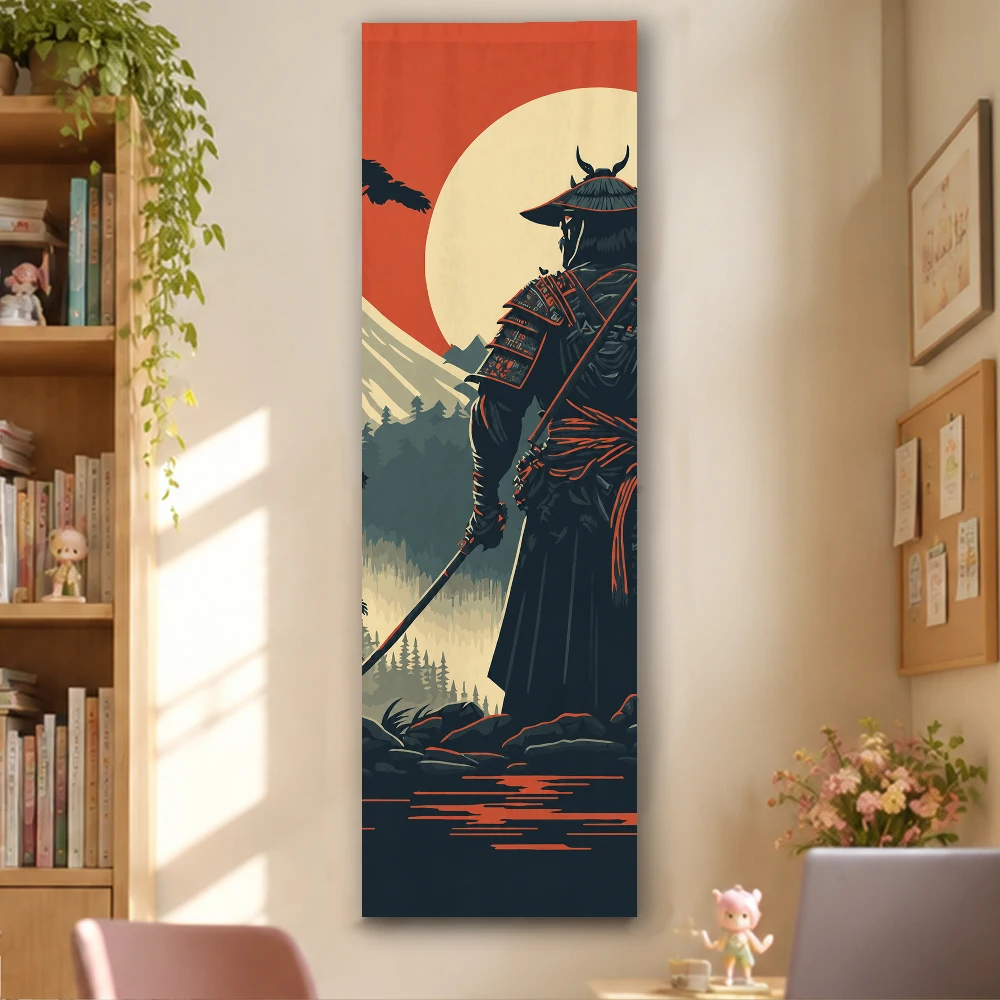 Japanese Samurai Warrior Vertical Wall Tapestry Sunset Mountain Scenery Print Wall Hanging Asian Aesthetic Home Bedroom Living