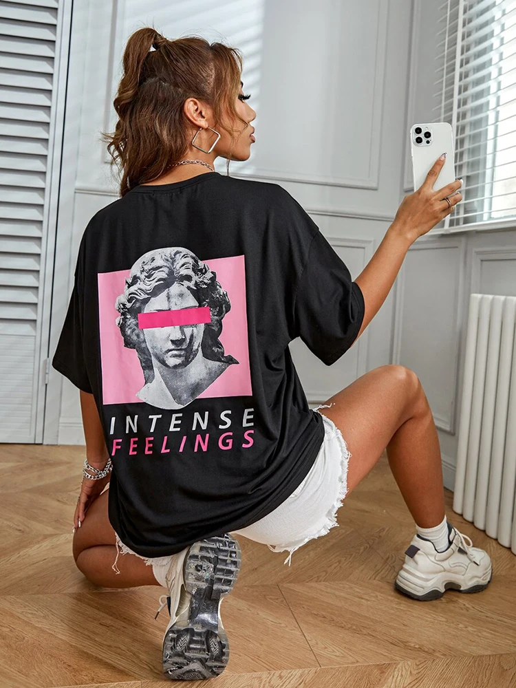 Intense Feelings European Art Statue Street T-Shirts Women Fashion Hip Hop Breathable Tops Cotton Oversized Brand Clothing Tees