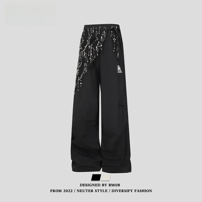 

Retro American Glitter Design Casual Pants Loose Wide Leg Long Trousers for Men And Women Summer Trendy Brand Youthful Sle