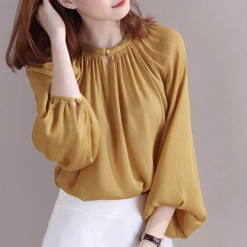 3XL Loose Women Spring Autumn Blouses Shirts Lady Fashion Casual Long Sleeve O-Neck Collar Yellow Clothing Blusas Tops G2564