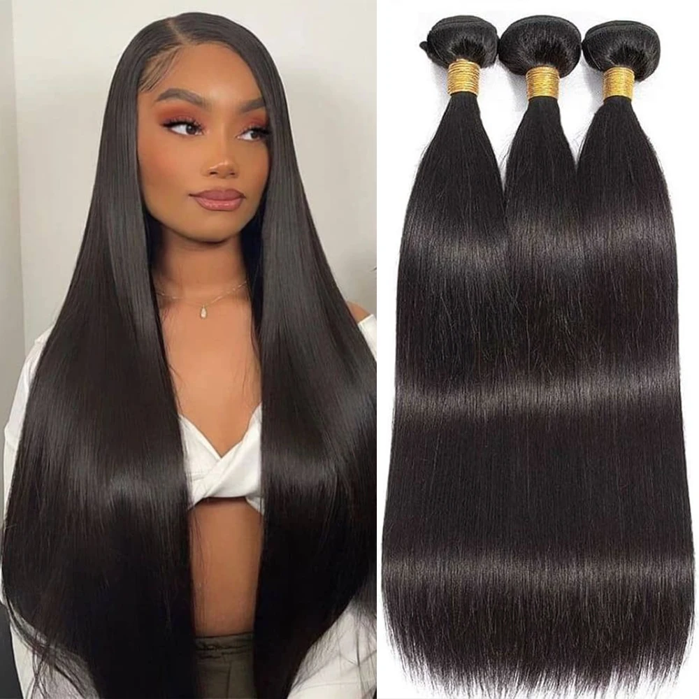 

Straight Bundles Human Hair Brazilian Hair Extensions Remy Hair Weaving 3 Bundles Natural Black Color Hair Extensions