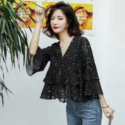 Fashion V-Neck Ruffles Printed Flare Sleeve Blouse Female Clothing 2023 Summer New Oversized Casual Pullovers Office Lady Shirt