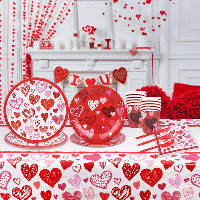 Valentine's Day Decoration Disposable Tableware Love Heart Paper Plates Cups Tablecloth Romantic Wedding Anniversary Party Decor