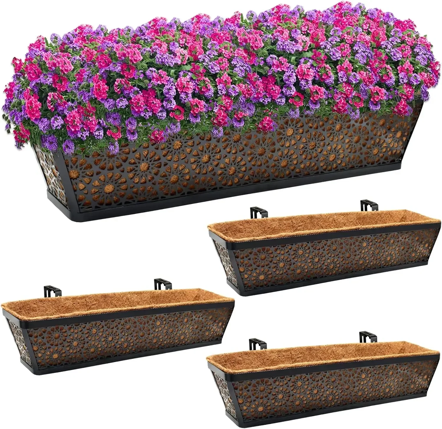 Halatool 4 Pack 30 Inch Window Box with Coco Liner Sturdy Metal Deck Railing Planter with Coconut Coir Basket Liners for Windows
