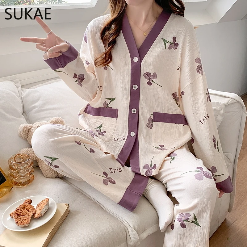 SUKAE Texture Sensation Crepe Cotton Women Pijamas Spring Autumn Kimono V-neck Girls Pajamas Lapel Long Sleeves Lady Homesuits