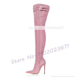 Stivali alti sopra il ginocchio rosa con cinturino con fibbia donna Splicing punta a punta stivali Slim di grandi dimensioni scarpe da donna Sexy con tacco alto e sottile