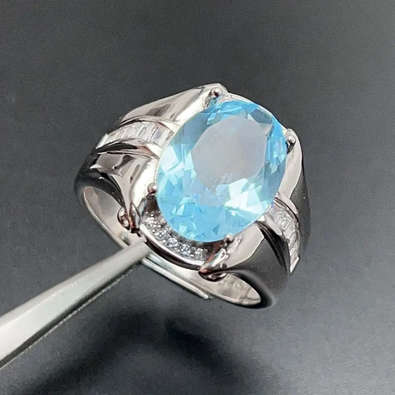 Sky Blue Topaz Ring for Men Daily Wear 10mm*14mm 6ct Natural Topaz Silver Men Ring Silver Gemstone Jewelry with Gold Plated