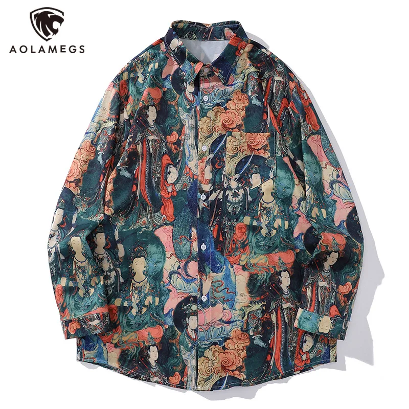 Men\'s Streetwear Multi Chinese Ancient Graffiti Long Sleeve Shirts Vintage Oversized Lapel Button Shirt Autumn Unisex All-match