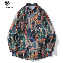 Men's Streetwear Multi Chinese Ancient Graffiti Long Sleeve Shirts Vintage Oversized Lapel Button Shirt Autumn Unisex All-match