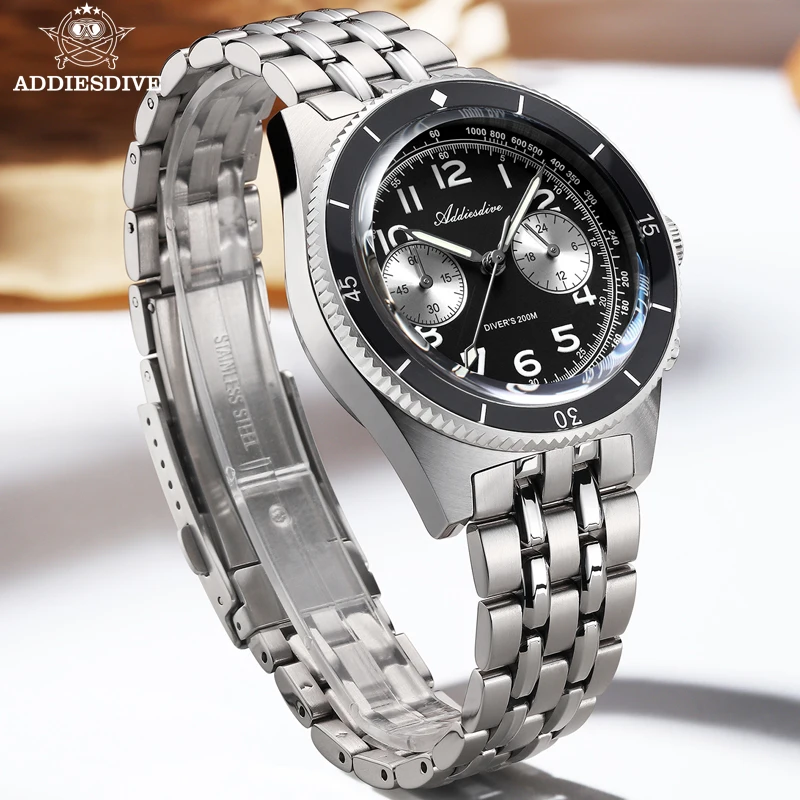 

ADDIESDIVE Men Watch Panda Dial Sapphire Glass 20Bar Waterproof BGW9 Luminous reloj hombre Chronograph Quartz Watches