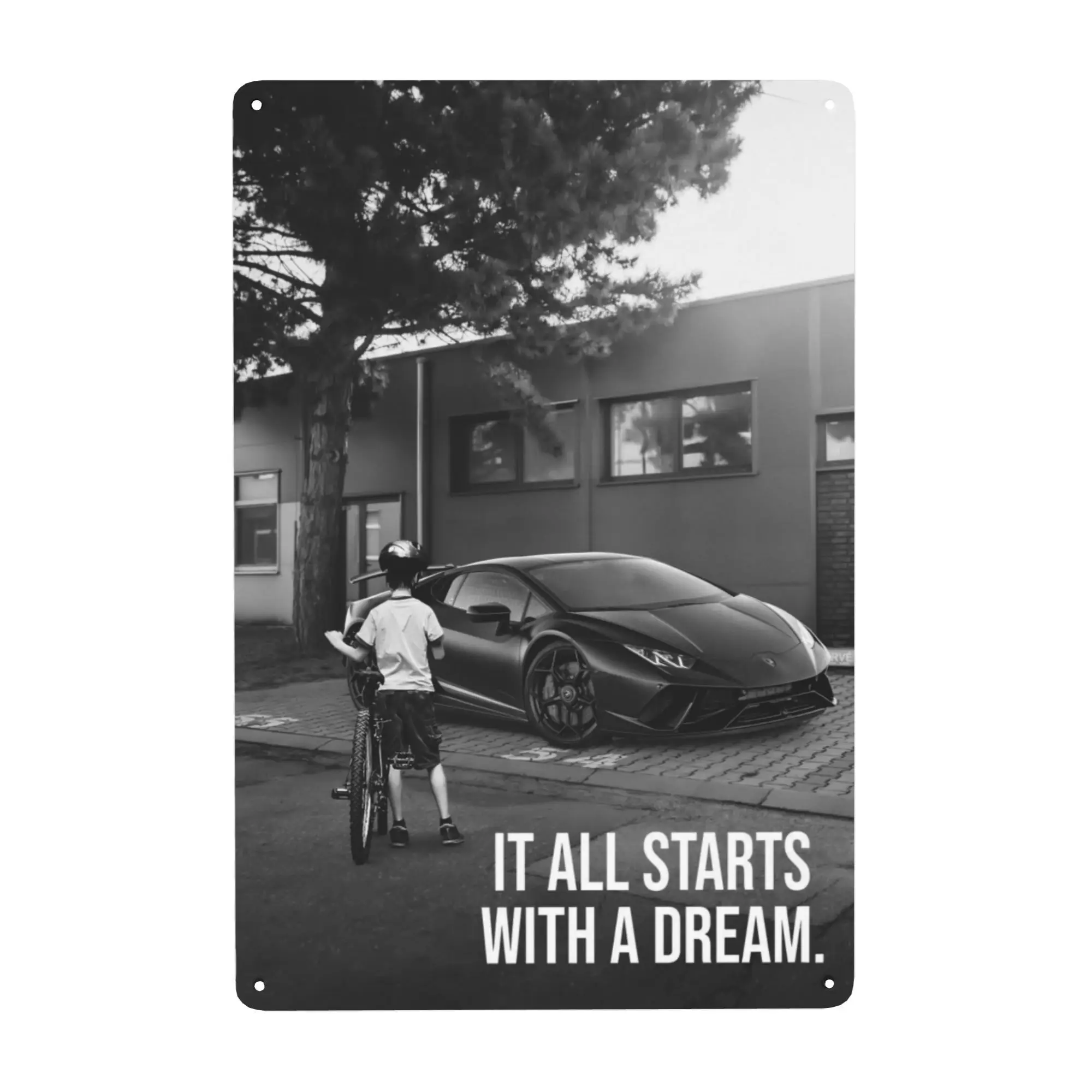 1pc 2D Black White Boy Sports Car Dream Metal Tin Sign Retro Wall Art Plaque for Garage Man Cave Bar Home Decor