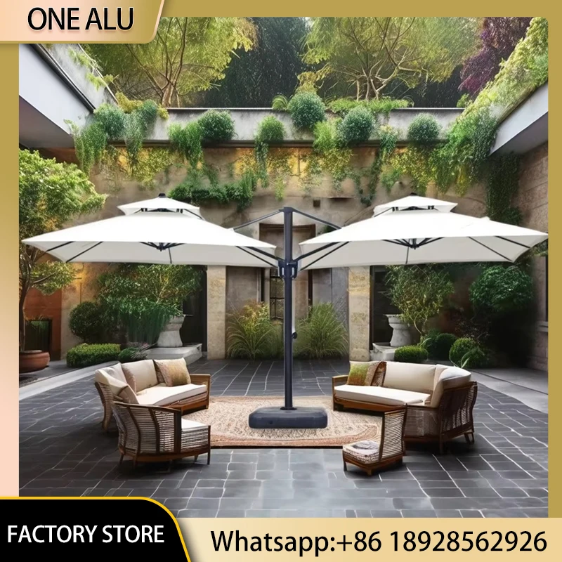 Large Rectangle Offset Cantilever Patio Umbrella LED Lights Windproof Outdoor Parasol Poolside Sunshade Heavy Base Umbrella