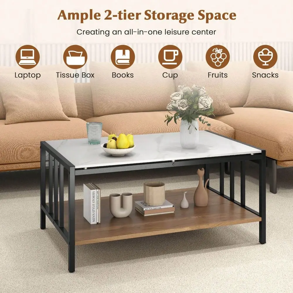 

2Tier Rectangular Coffee Table With Rock Slab Tabletop Open Shelf For Living Room