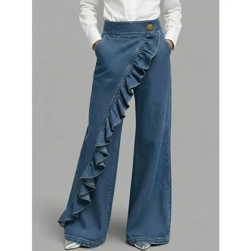 Straight Pants Jeans Women Denims Ruffle Mid Waist Vintage Distressed Washed Pockets 2025 Streetwear Female Trousers Long Pant