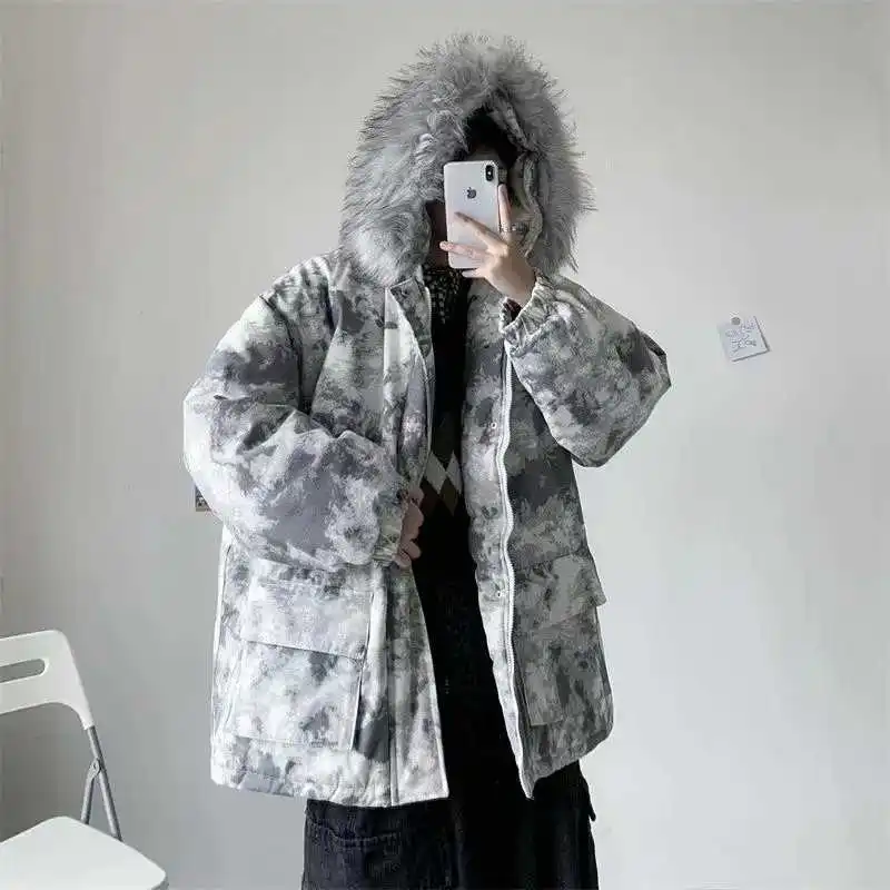 

Winter Wool Collar Cotton Coat Tie-Dye Ins Tide Bra Loose Fit Casual Faion Urban Sle Warm Thiened Long Coat with Zipper