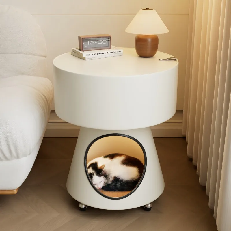 Bedside Cat Bed with Wheel Matte Textured Desktop Cats Beds Cat Cabinet Coffee Table Dual Purpose with Induction Light Pet House