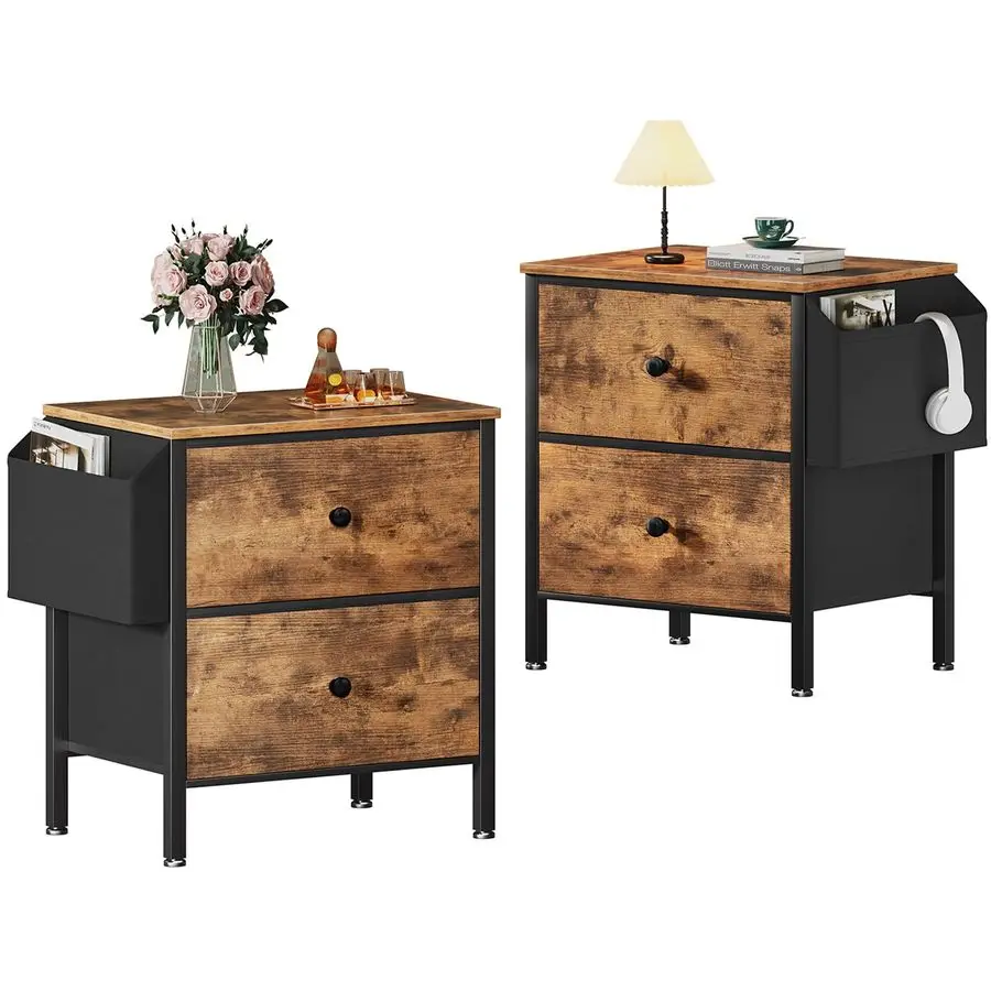 

Nightstands Set of 2 with Drawers, Small Night Stand with Pocket 2 Drawer Dresser for Bedroom Set End Table Brown