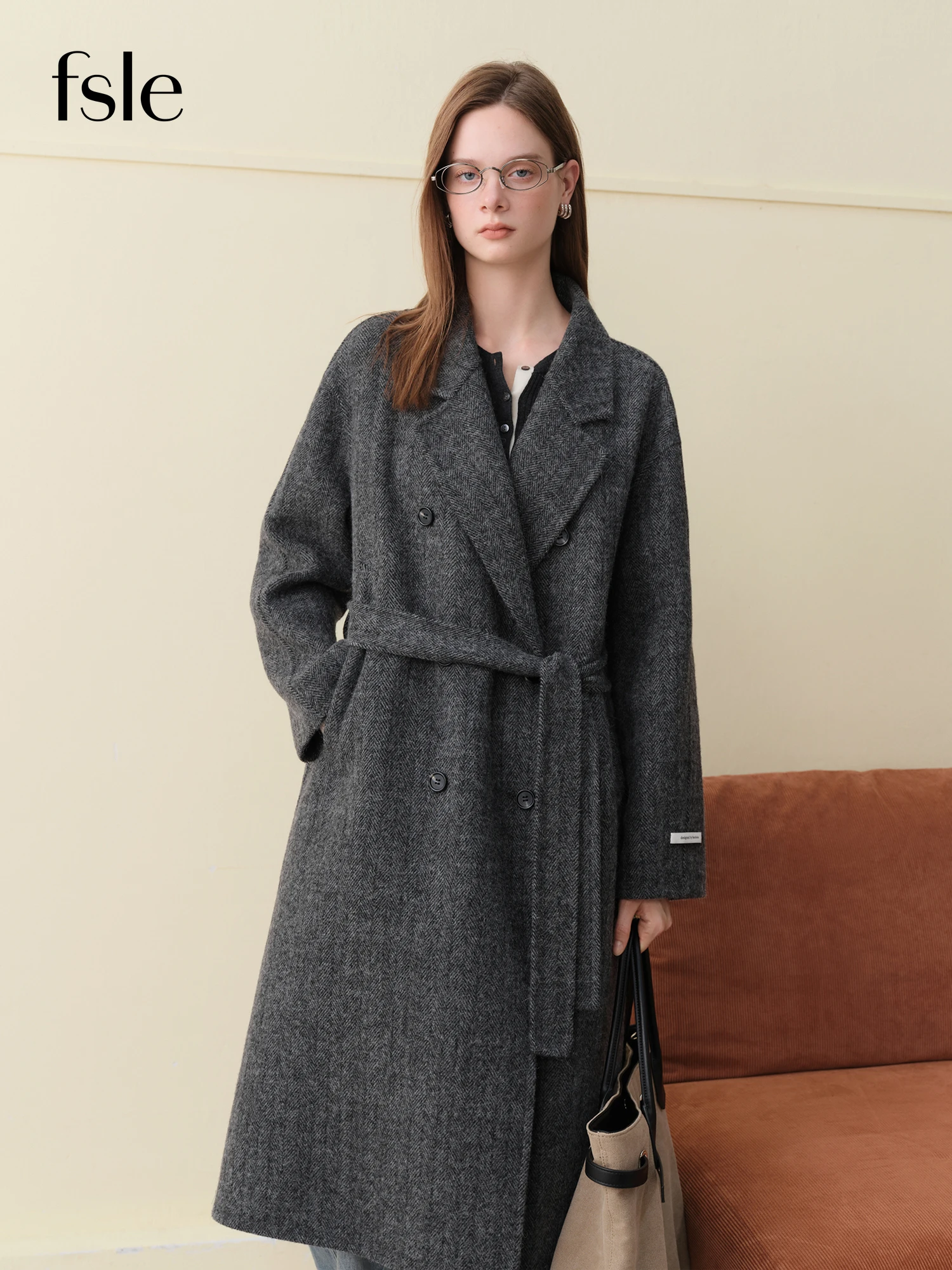 FSLE Diamond Tailored Alpaka Camel Wollmischung Doppelseitiger Tweed-Mantel für Damen Winter 2025, Oberbekleidungsmischungen