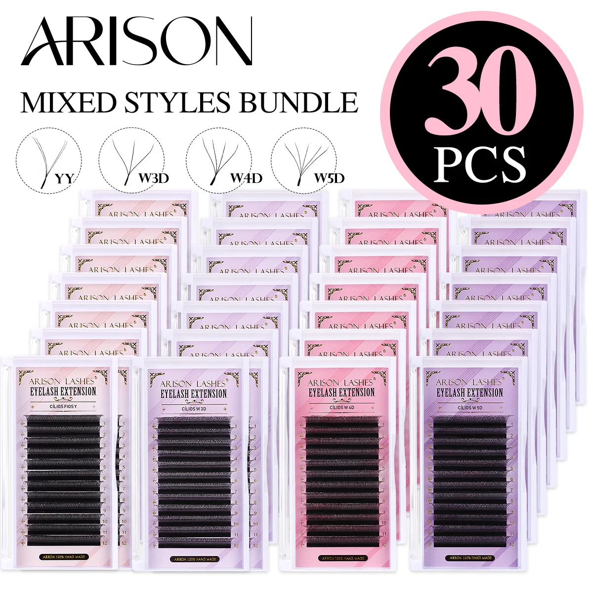 arison-30-boites-d'extensions-de-cils-volume-yy-3d-4d-5d-bouquets-prefabriques-styles-mixtes-lot-en-gros-sur-plateau