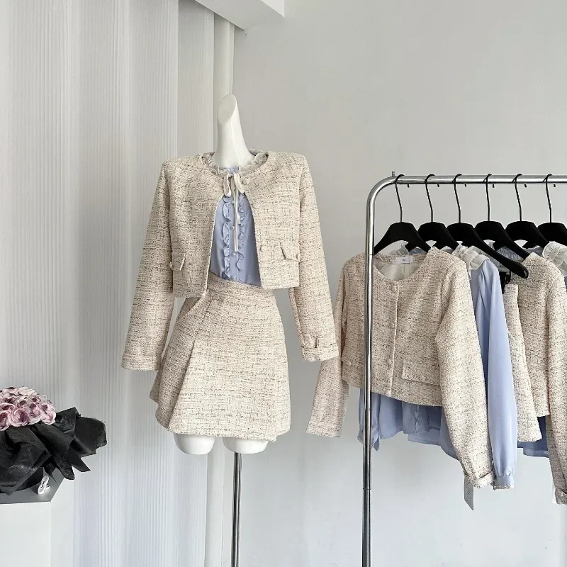 

French Elegant New Women Two Piece Skirt Sets Chic O Neck Long Sleeve Short Tweed Jacket + A Line Mini Skirt + Blue Shirt Outfit