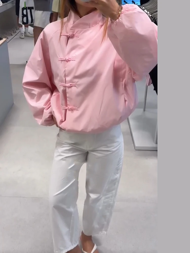 Schicke Jacke im chinesischen Stil mit tailliertem Schnitt, Stehkragen, Knöpfen, Ballonärmeln, lockerem Schnitt, neuer Streetwear für den Alltag im Herbst. – Detail 8
